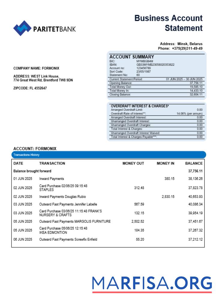 Downloadable Paritet bank company account statement Word and PDF format example